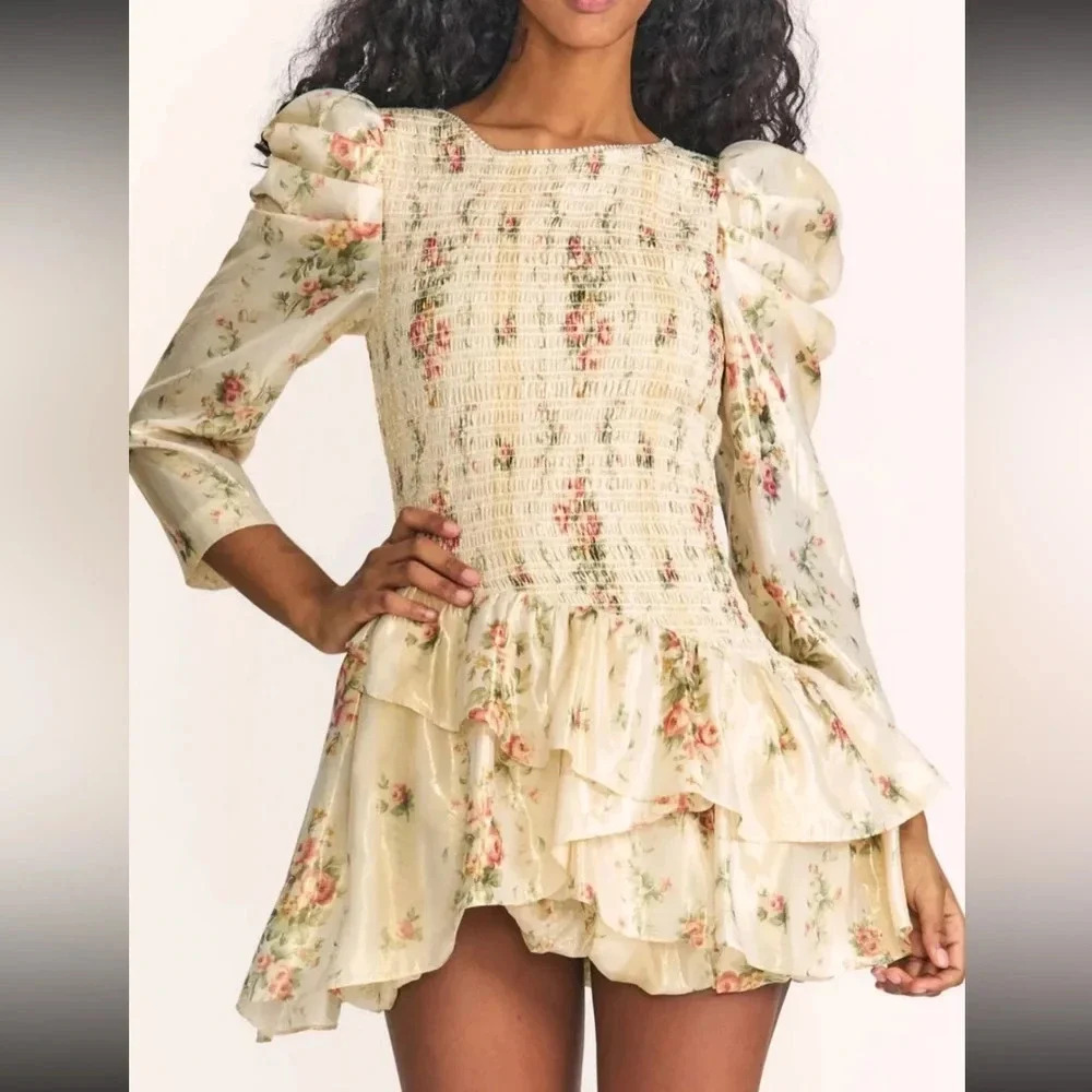 LOVESHACKFANCY
Greenwich embellished shirred floral-print lamé mini dress